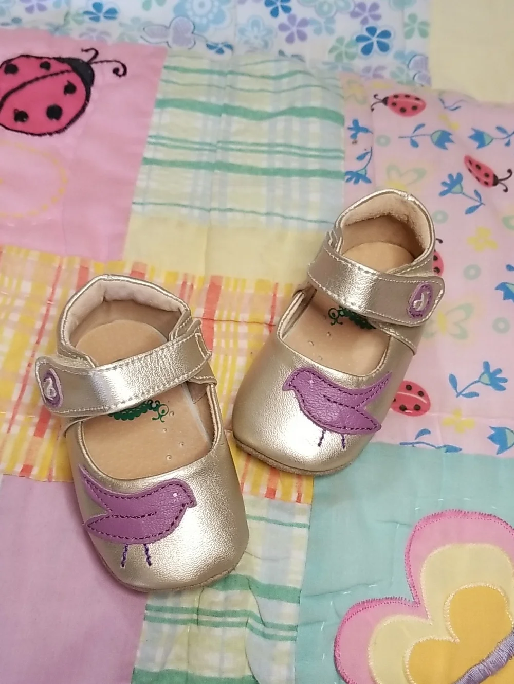 Livie & Luca Metallic Leather Mary Janes with Purple Bird 0-6 Month Pio Pio